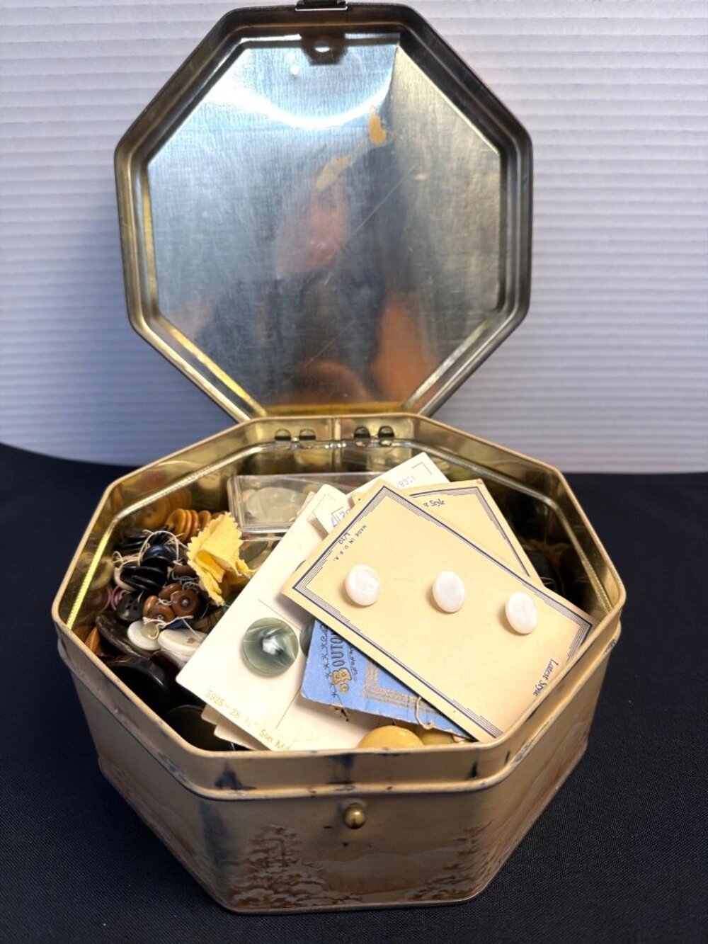 Vintage Octagonal Sewing Tin Packed with Collectible Vintage Buttons